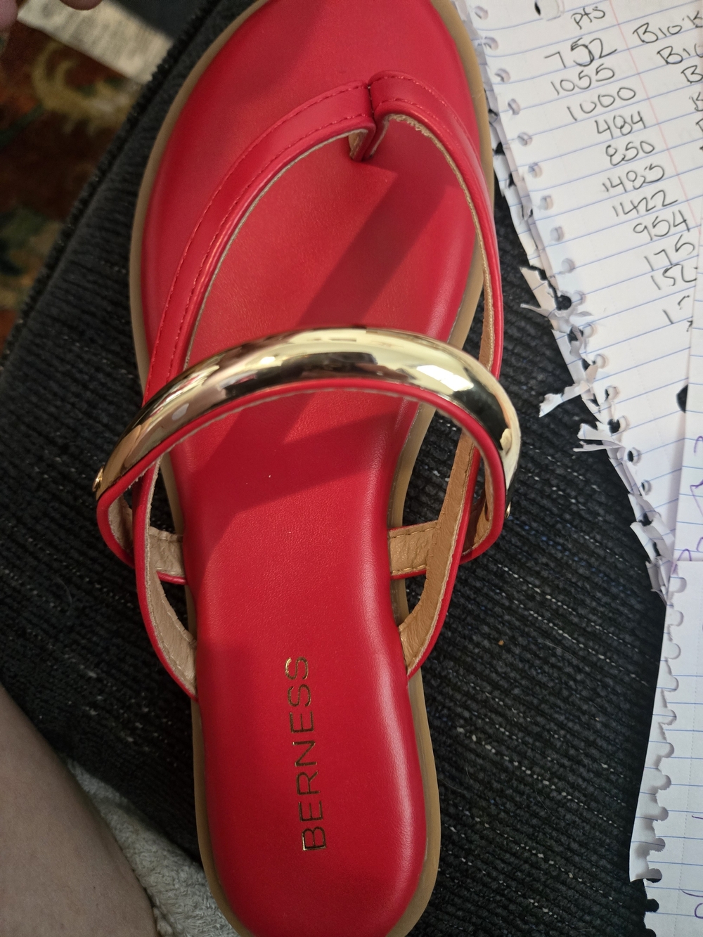 BERNESS Red Slide Sandals with Gold Arch Accent